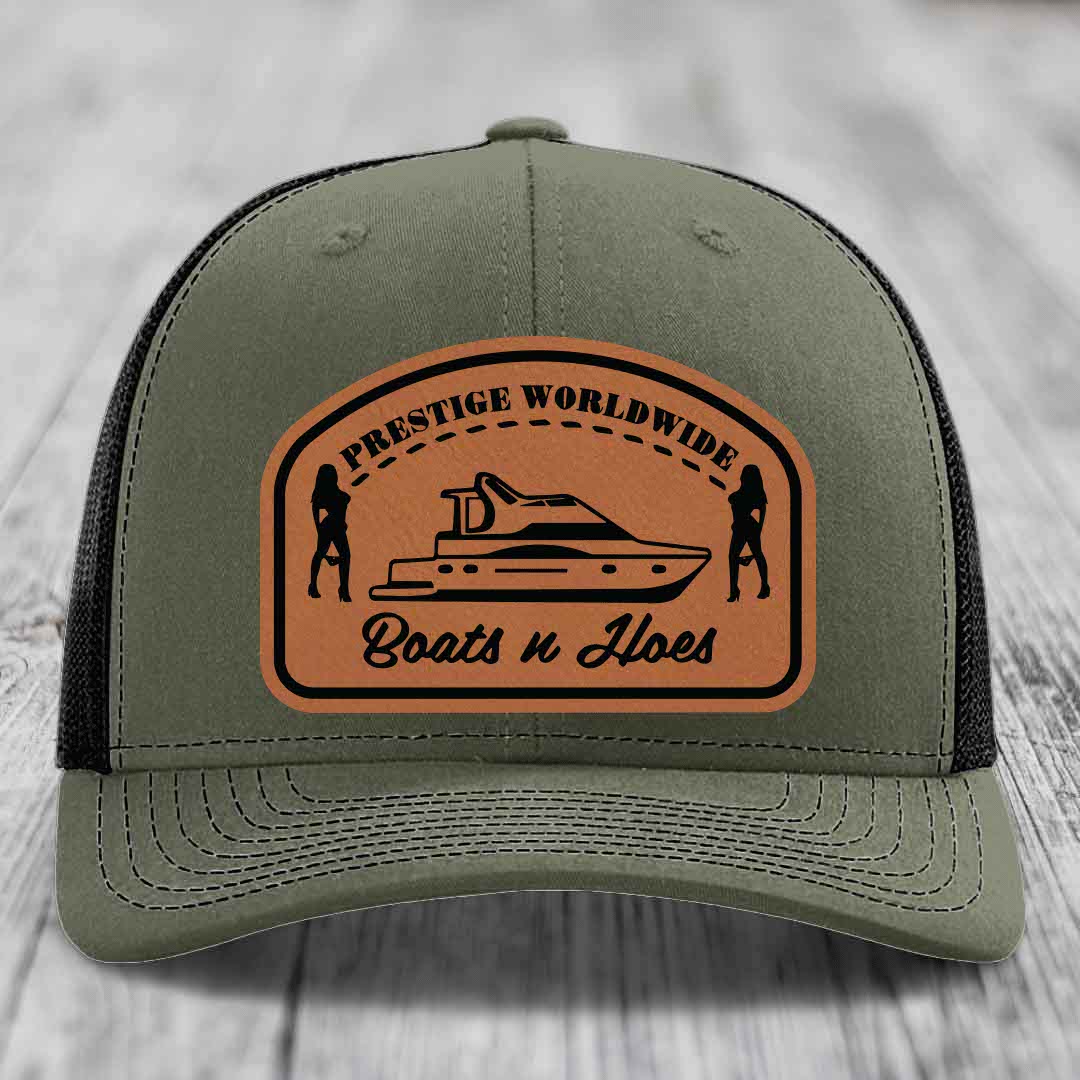 Prestige Worldwide, Boats and Hoes - Leather Patch Hat - Rawhide to Black Patch - Richardson 112 Snapback Trucker Hat