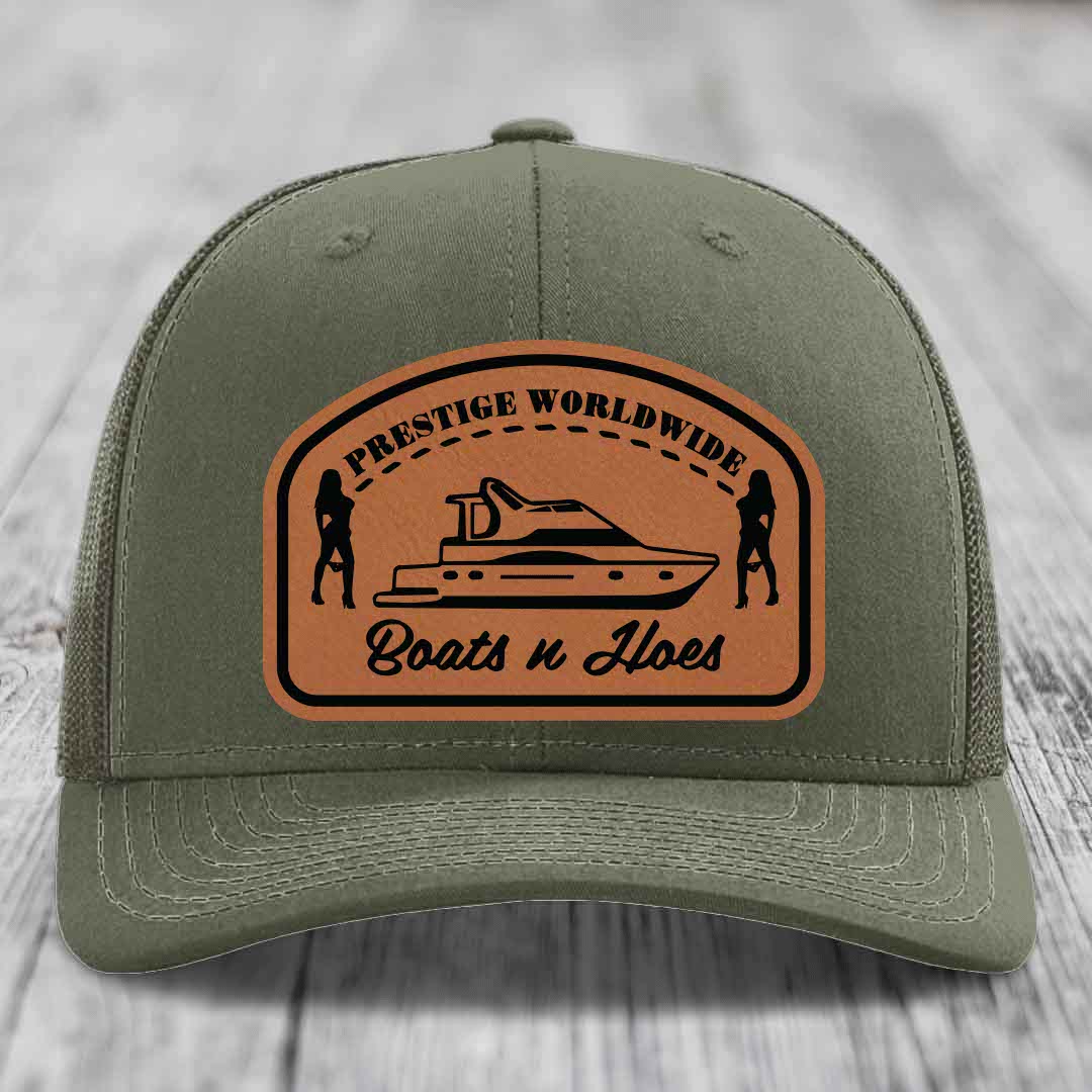 Prestige Worldwide, Boats and Hoes - Leather Patch Hat - Rawhide to Black Patch - Richardson 112 Snapback Trucker Hat