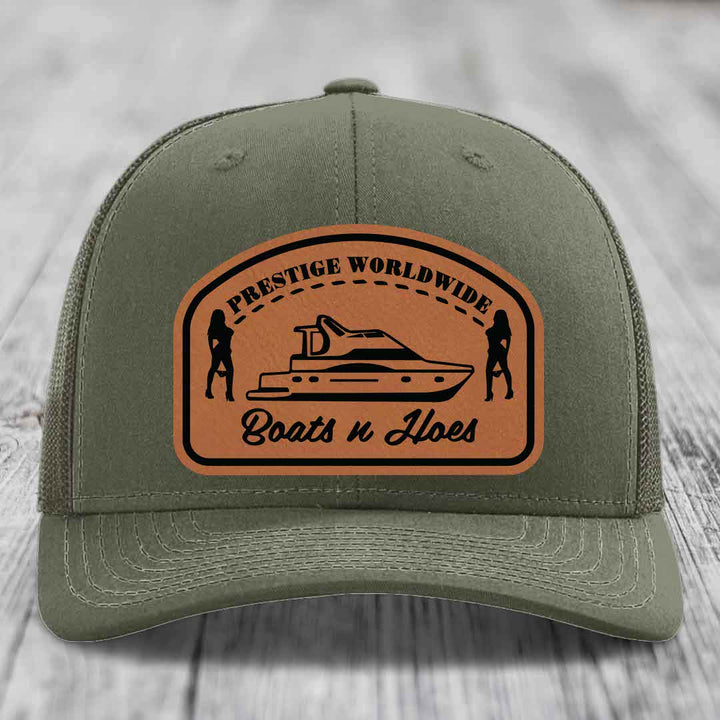 Prestige Worldwide, Boats and Hoes - Leather Patch Hat - Rawhide to Black Patch - Richardson 112 Snapback Trucker Hat