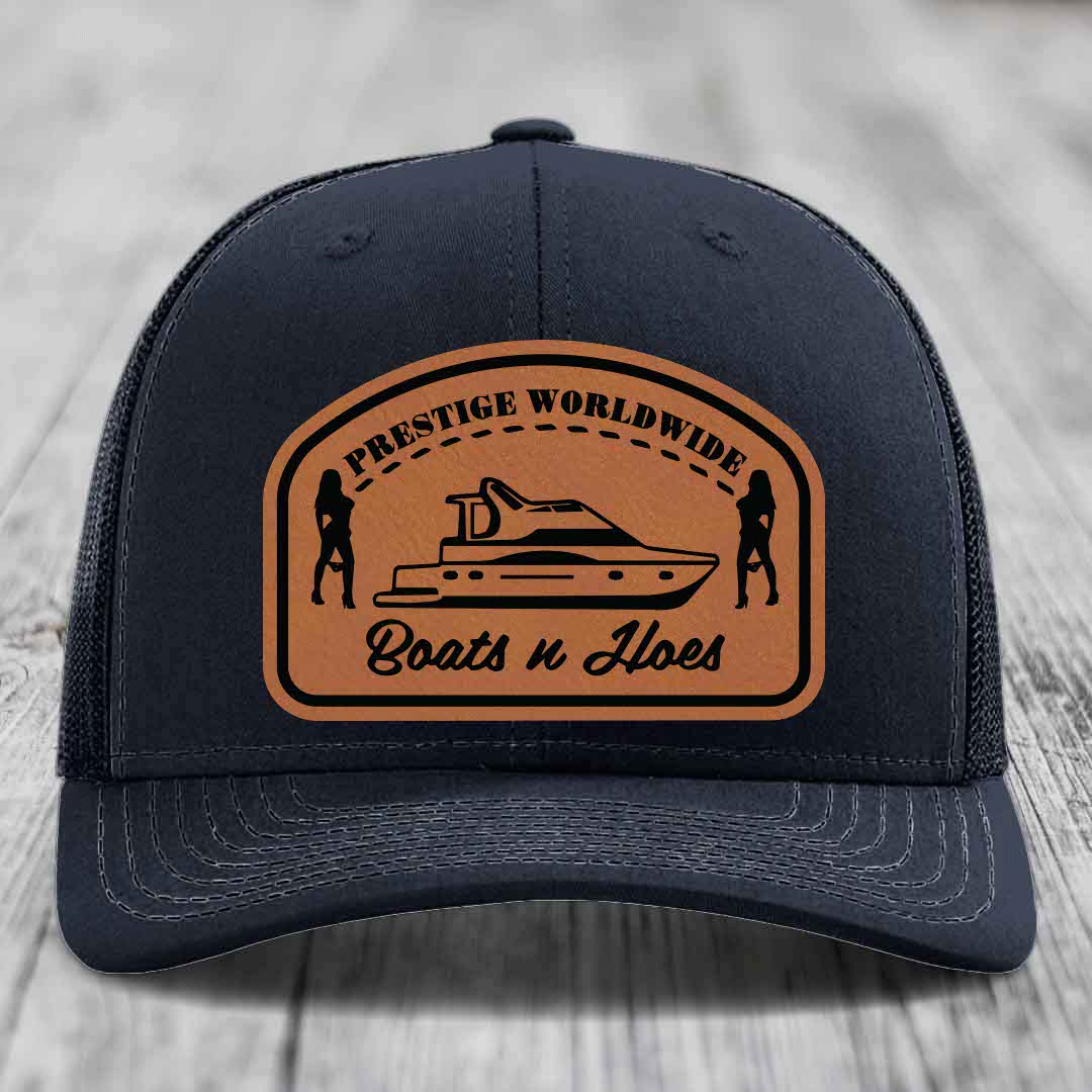 Prestige Worldwide, Boats and Hoes - Leather Patch Hat - Rawhide to Black Patch - Richardson 112 Snapback Trucker Hat