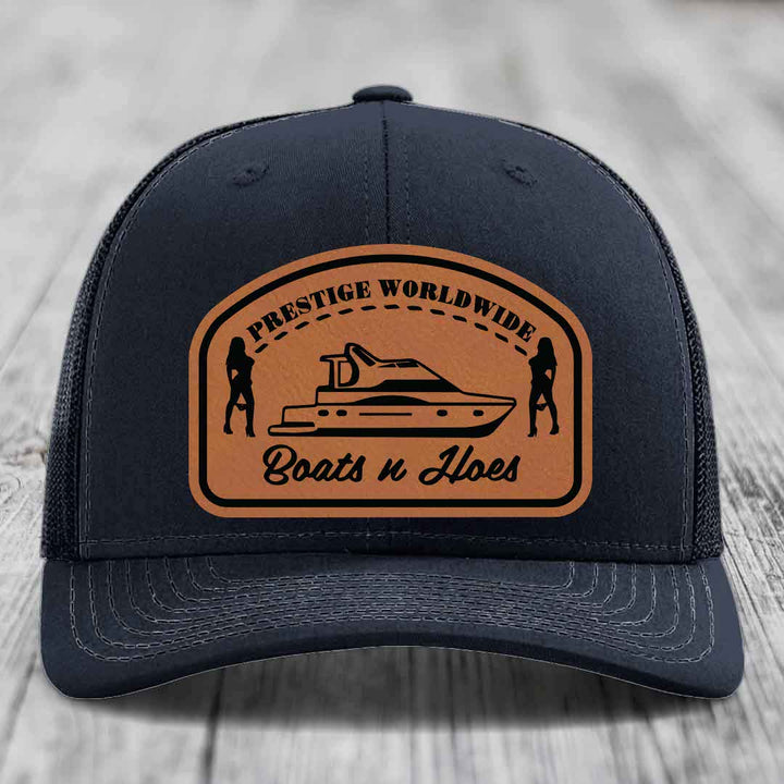 Prestige Worldwide, Boats and Hoes - Leather Patch Hat - Rawhide to Black Patch - Richardson 112 Snapback Trucker Hat