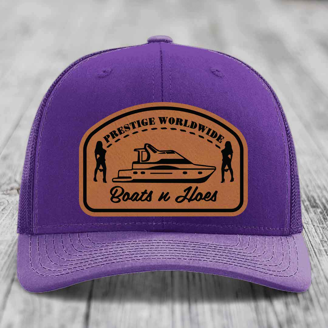 Prestige Worldwide, Boats and Hoes - Leather Patch Hat - Rawhide to Black Patch - Richardson 112 Snapback Trucker Hat