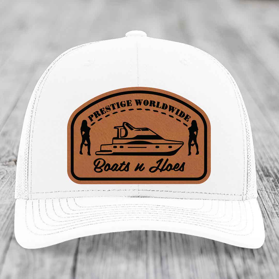 Prestige Worldwide, Boats and Hoes - Leather Patch Hat - Rawhide to Black Patch - Richardson 112 Snapback Trucker Hat