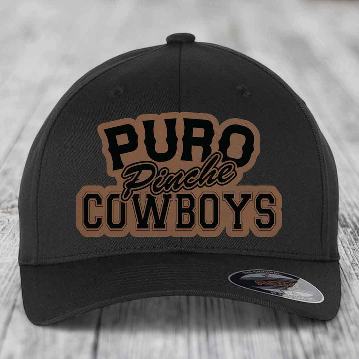 Puro Pinche Cowboys - Leather Patch Hat - Dark Brown to Black Patch - Flexfit 6277 Fitted Hat