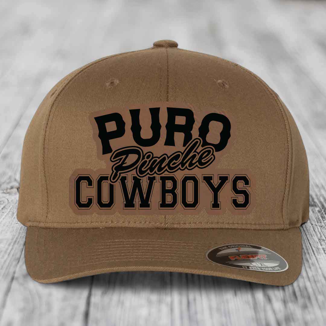 Puro Pinche Cowboys - Leather Patch Hat - Dark Brown to Black Patch - Flexfit 6277 Fitted Hat