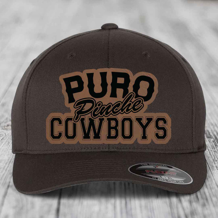 Puro Pinche Cowboys - Leather Patch Hat - Dark Brown to Black Patch - Flexfit 6277 Fitted Hat