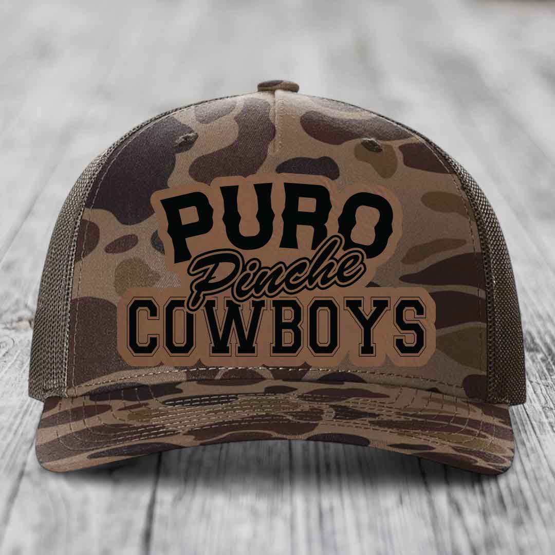 Puro Pinche Cowboys - Leather Patch Hat - Dark Brown to Black Patch - Richardson 112PFP Snapback Trucker Hat
