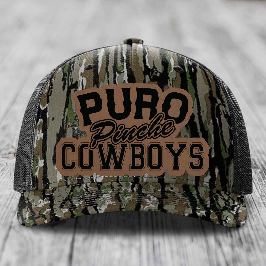 Puro Pinche Cowboys - Leather Patch Hat - Dark Brown to Black Patch - Richardson 112PFP Snapback Trucker Hat