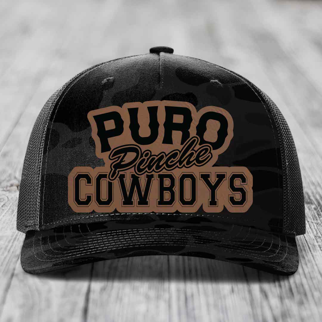 Puro Pinche Cowboys - Leather Patch Hat - Dark Brown to Black Patch - Richardson 112PFP Snapback Trucker Hat