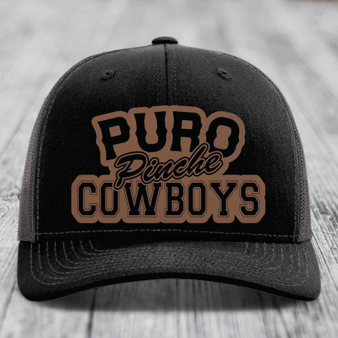 Puro Pinche Cowboys - Leather Patch Hat - Dark Brown to Black Patch - Richardson 112 Snapback Trucker Hat