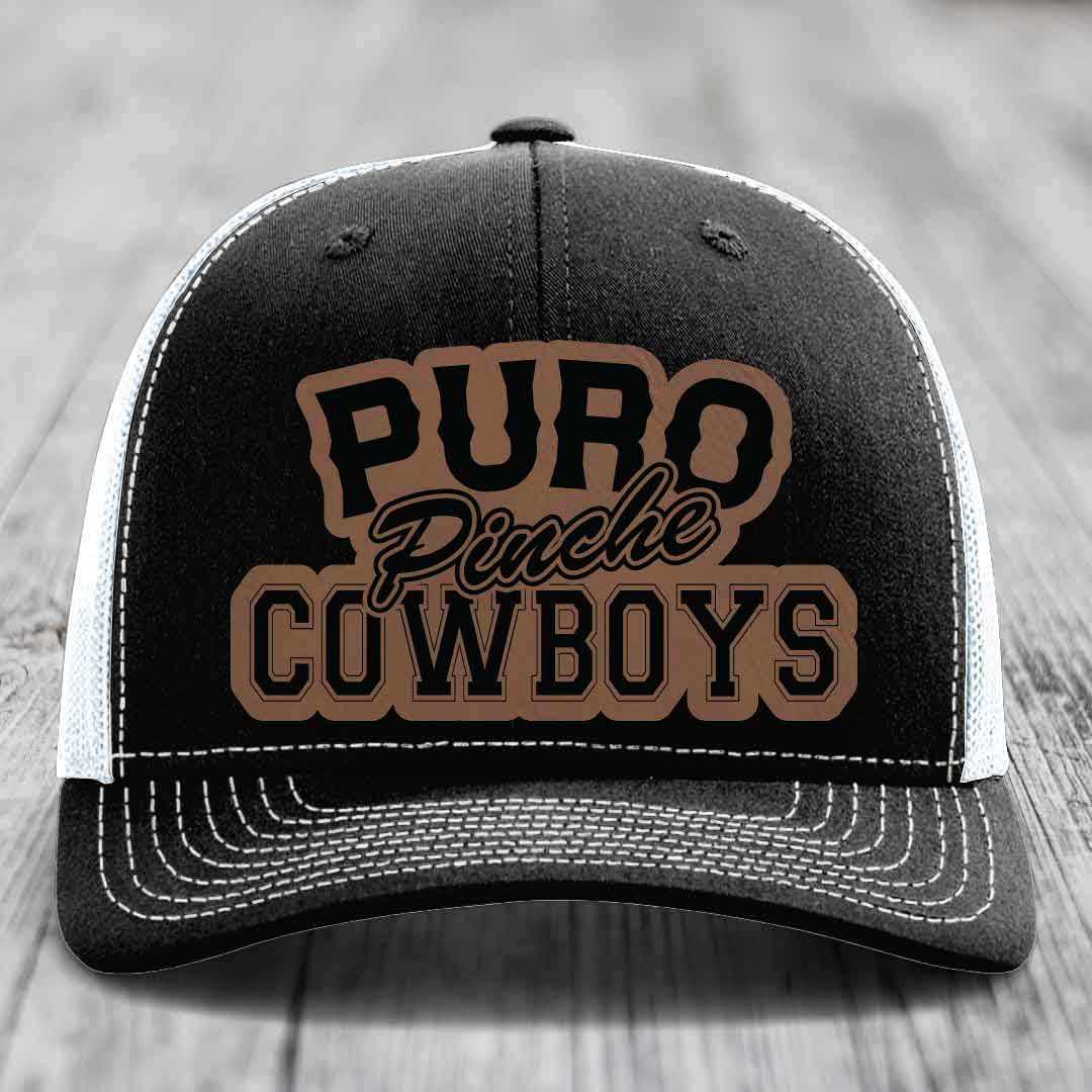 Puro Pinche Cowboys - Leather Patch Hat - Dark Brown to Black Patch - Richardson 112 Snapback Trucker Hat