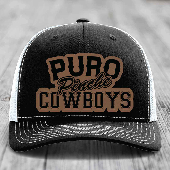 Puro Pinche Cowboys - Leather Patch Hat - Dark Brown to Black Patch - Richardson 112 Snapback Trucker Hat