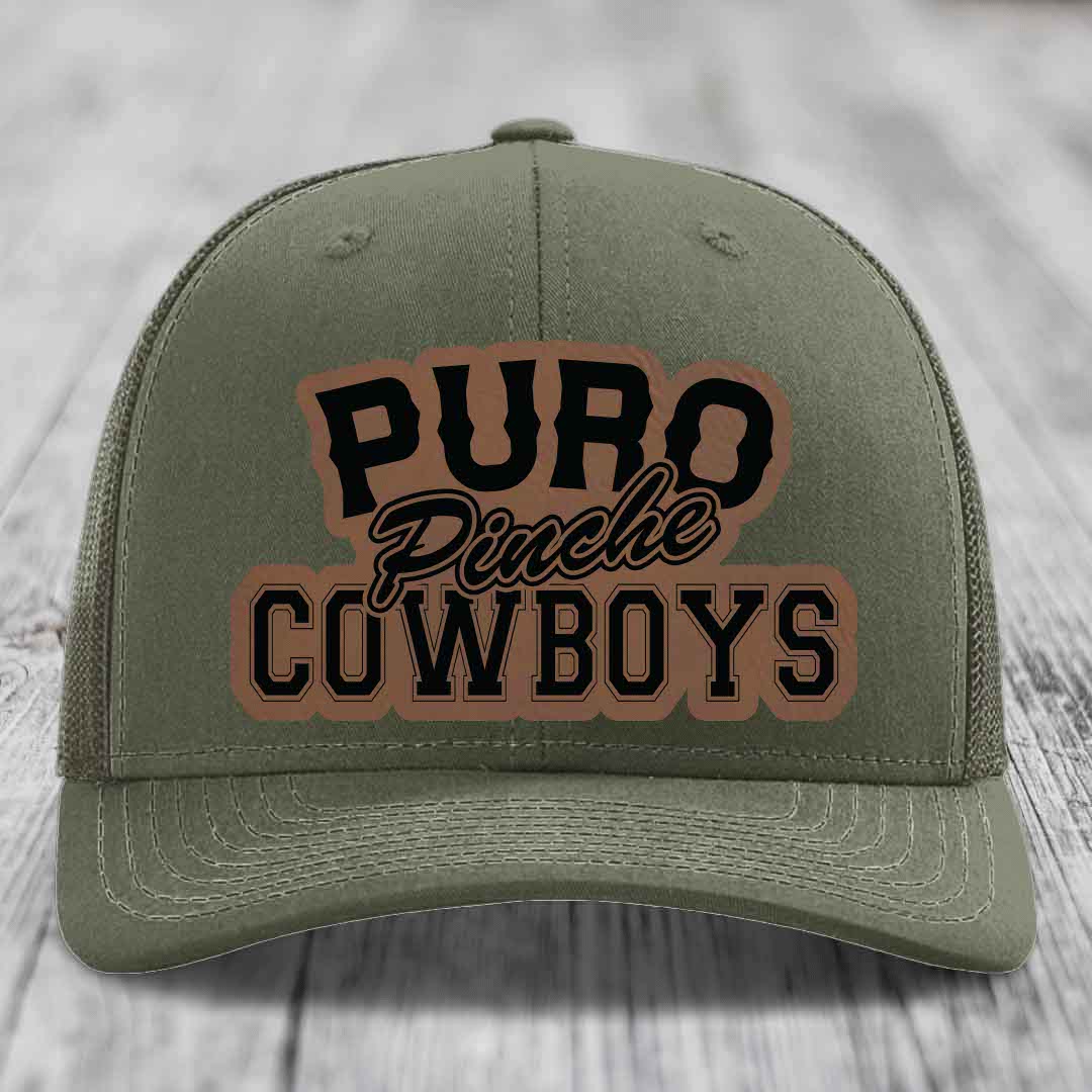 Puro Pinche Cowboys - Leather Patch Hat - Dark Brown to Black Patch - Richardson 112 Snapback Trucker Hat