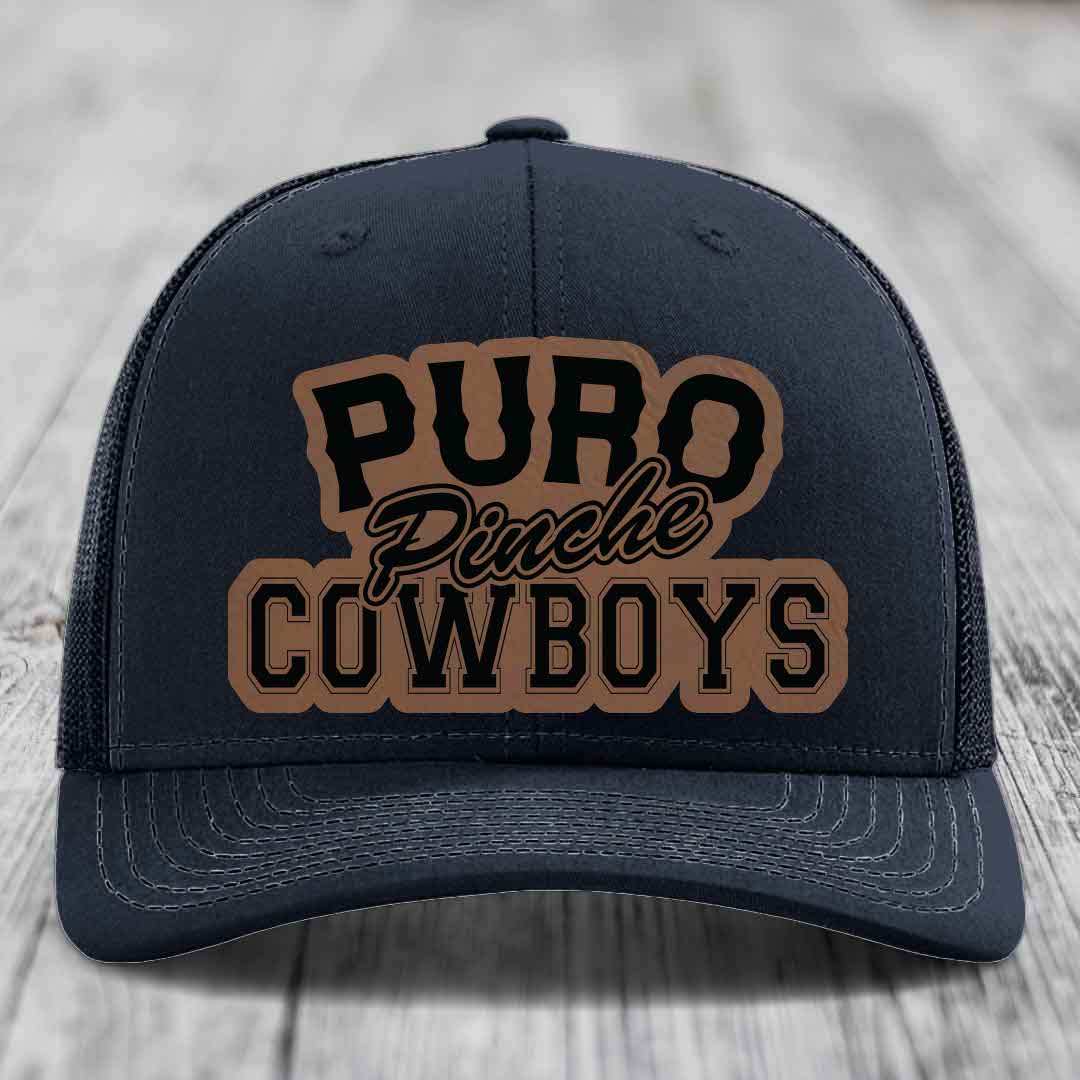 Puro Pinche Cowboys - Leather Patch Hat - Dark Brown to Black Patch - Richardson 112 Snapback Trucker Hat