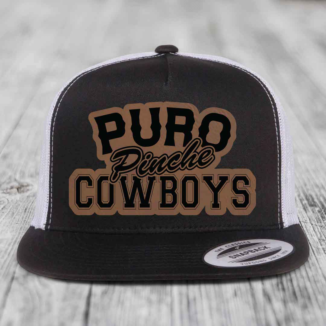 Puro Pinche Cowboys - Leather Patch Hat - Dark Brown to Black Patch - Yupoong 6006 Snapback Flatbill Hat