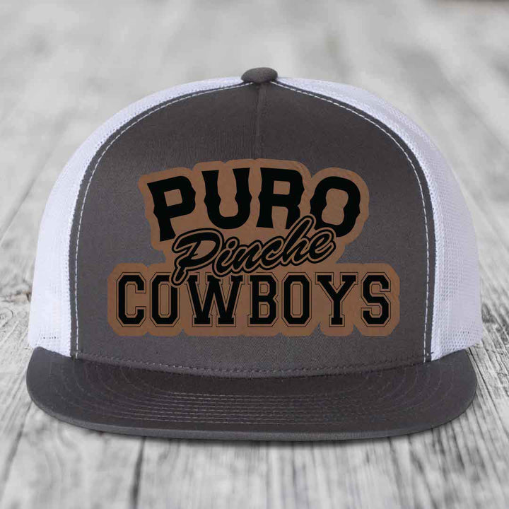 Puro Pinche Cowboys - Leather Patch Hat - Dark Brown to Black Patch - Yupoong 6006 Snapback Flatbill Hat