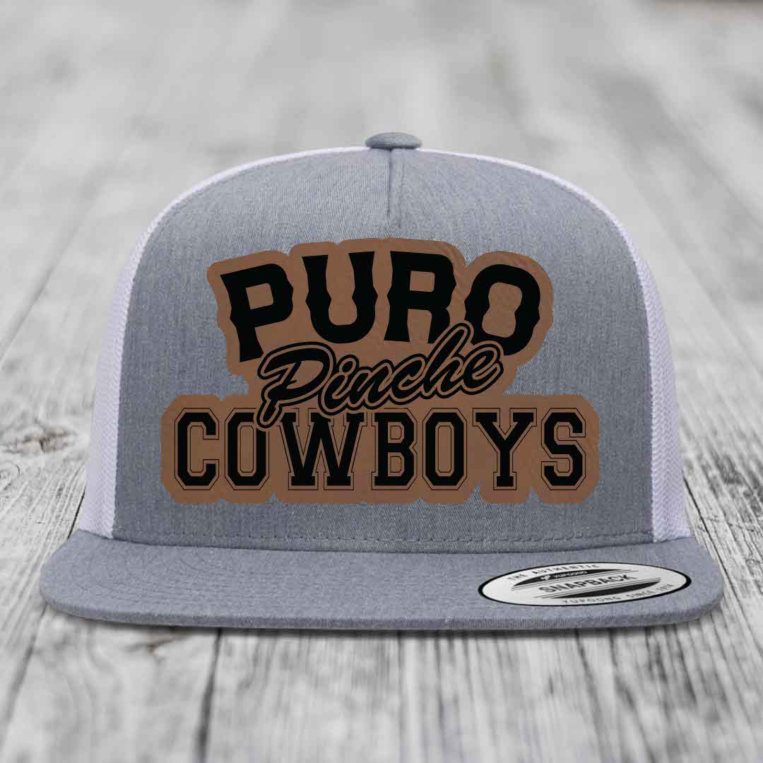 Puro Pinche Cowboys - Leather Patch Hat - Dark Brown to Black Patch - Yupoong 6006 Snapback Flatbill Hat