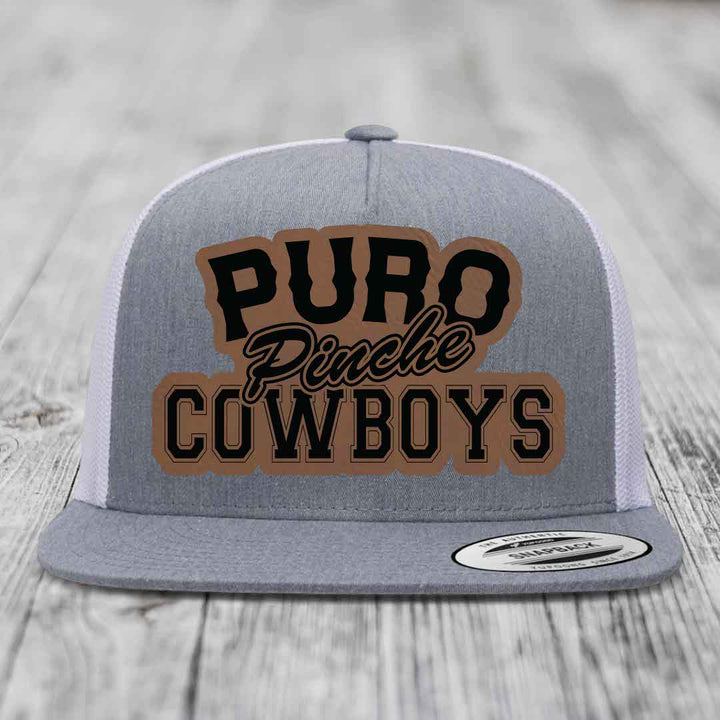 Puro Pinche Cowboys - Leather Patch Hat - Dark Brown to Black Patch - Yupoong 6006 Snapback Flatbill Hat