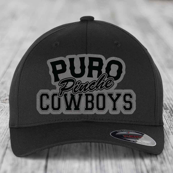 Puro Pinche Cowboys - Leather Patch Hat - Grey to Black Patch - Flexfit 6277 Fitted Hat