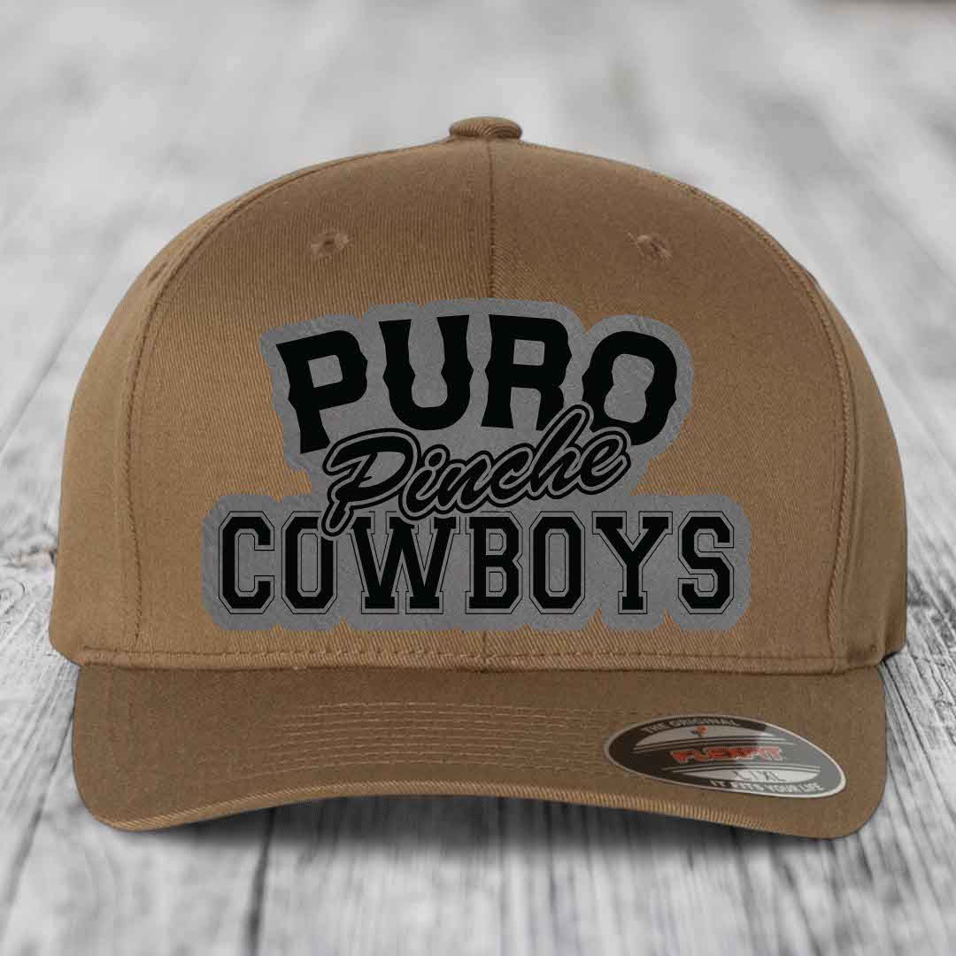 Puro Pinche Cowboys - Leather Patch Hat - Grey to Black Patch - Flexfit 6277 Fitted Hat