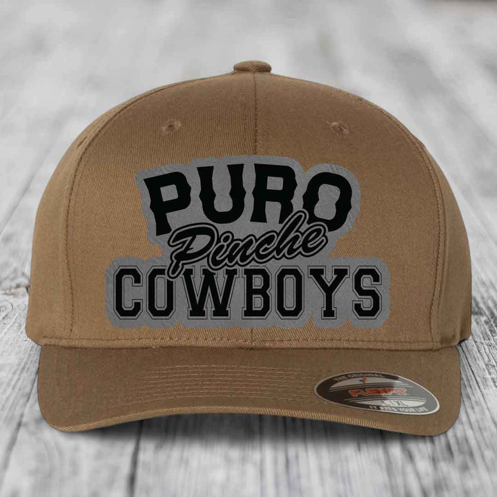 Puro Pinche Cowboys - Leather Patch Hat - Grey to Black Patch - Flexfit 6277 Fitted Hat