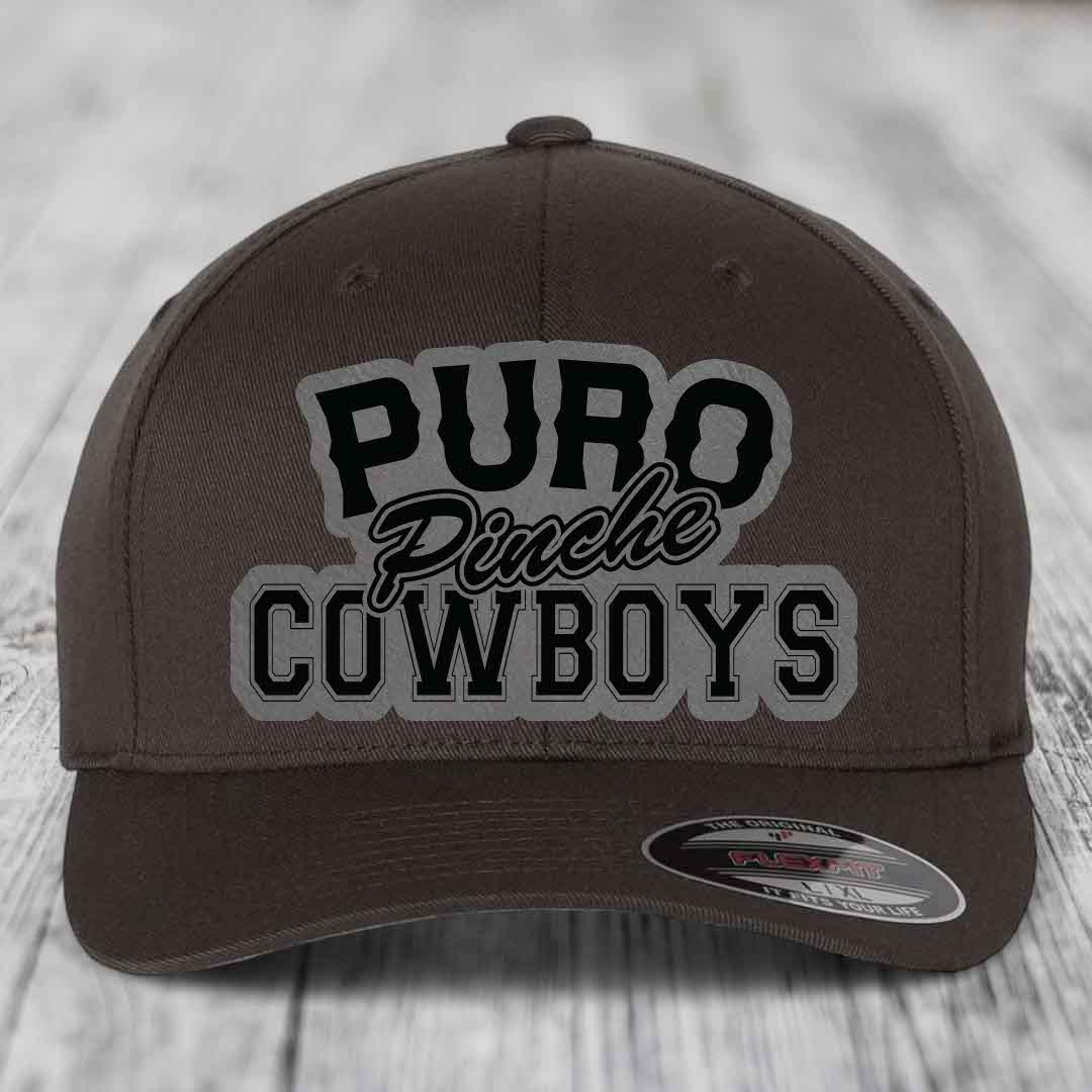 Puro Pinche Cowboys - Leather Patch Hat - Grey to Black Patch - Flexfit 6277 Fitted Hat