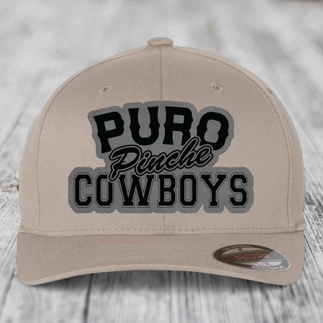 Puro Pinche Cowboys - Leather Patch Hat - Grey to Black Patch - Flexfit 6277 Fitted Hat