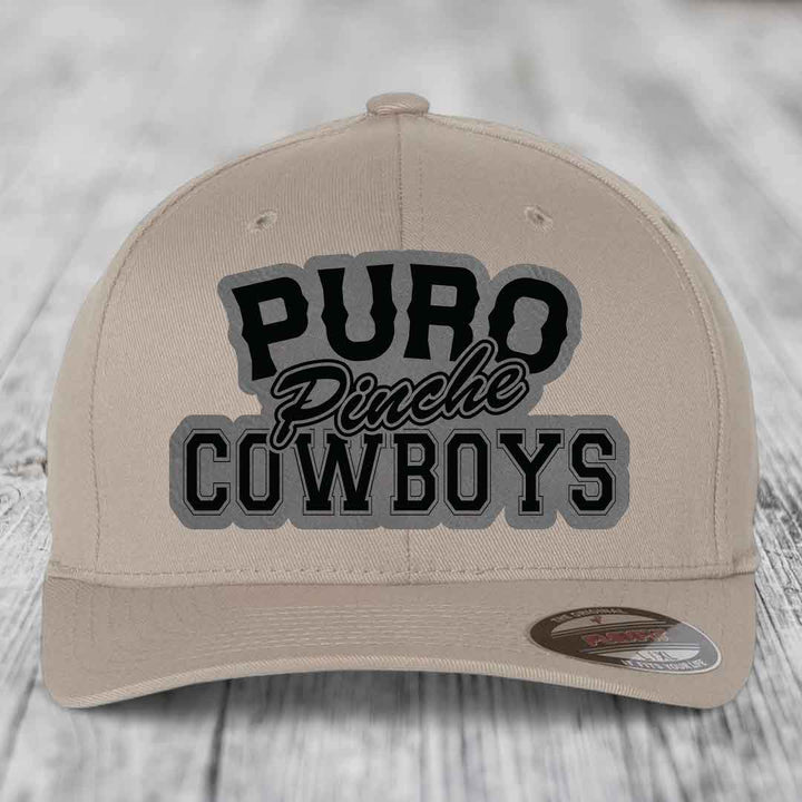 Puro Pinche Cowboys - Leather Patch Hat - Grey to Black Patch - Flexfit 6277 Fitted Hat