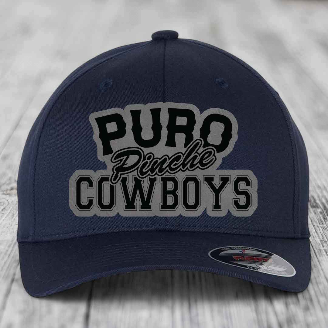 Puro Pinche Cowboys - Leather Patch Hat - Grey to Black Patch - Flexfit 6277 Fitted Hat