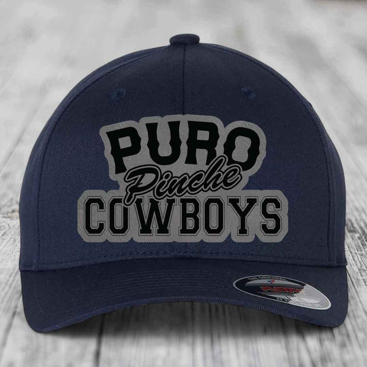 Puro Pinche Cowboys - Leather Patch Hat - Grey to Black Patch - Flexfit 6277 Fitted Hat