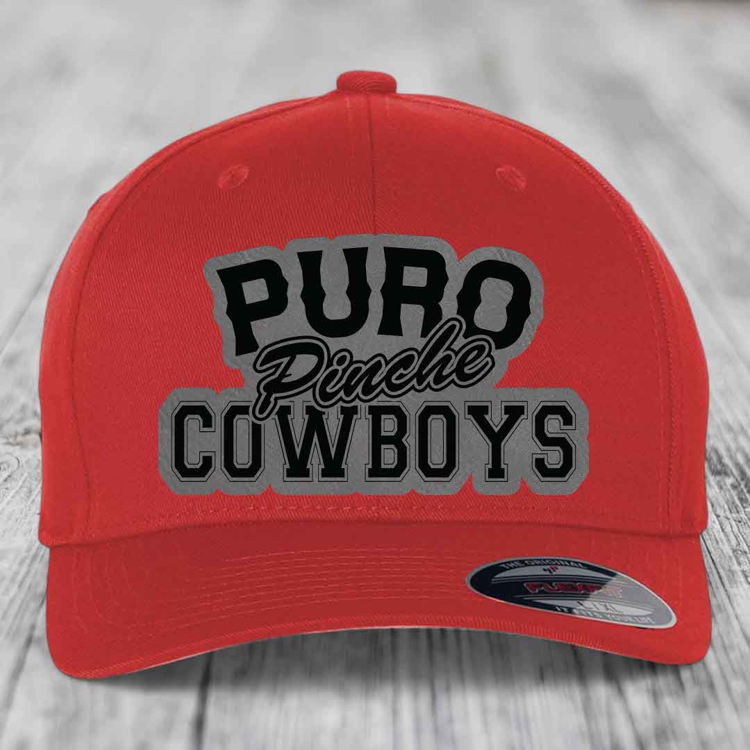 Puro Pinche Cowboys - Leather Patch Hat - Grey to Black Patch - Flexfit 6277 Fitted Hat