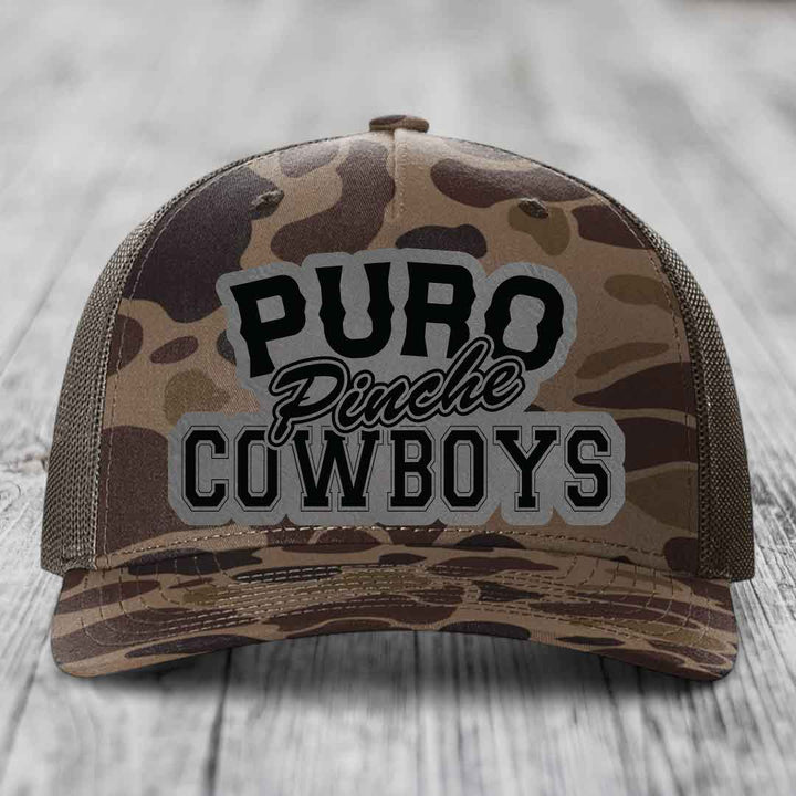 Puro Pinche Cowboys - Leather Patch Hat - Grey to Black Patch - Richardson 112PFP Snapback Trucker Hat