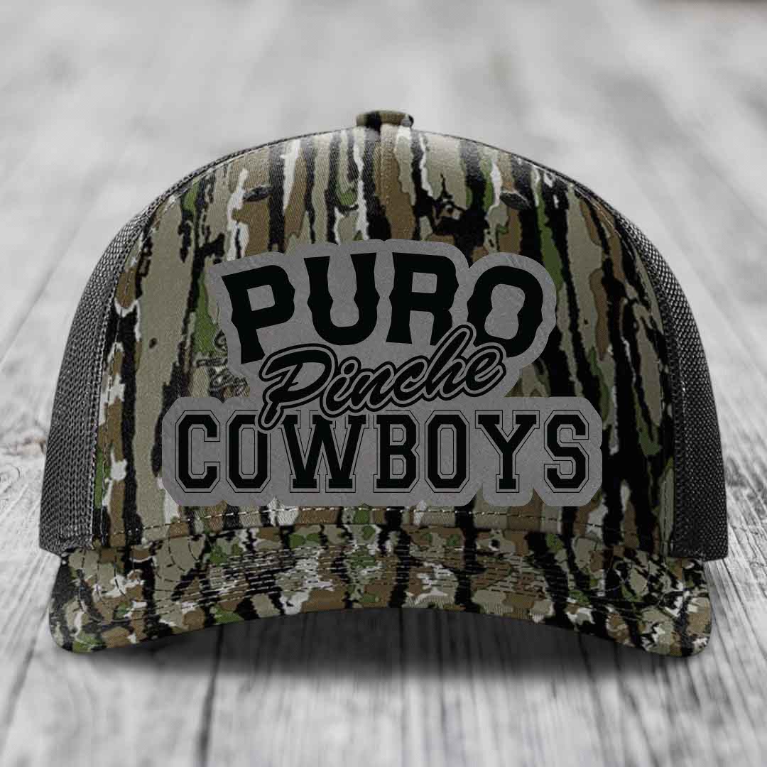 Puro Pinche Cowboys - Leather Patch Hat - Grey to Black Patch - Richardson 112PFP Snapback Trucker Hat