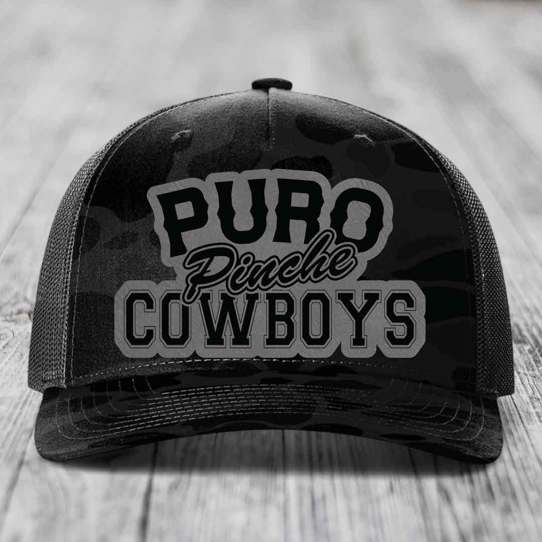 Puro Pinche Cowboys - Leather Patch Hat - Grey to Black Patch - Richardson 112PFP Snapback Trucker Hat