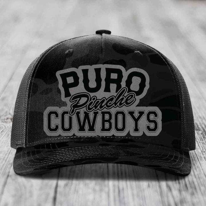Puro Pinche Cowboys - Leather Patch Hat - Grey to Black Patch - Richardson 112PFP Snapback Trucker Hat