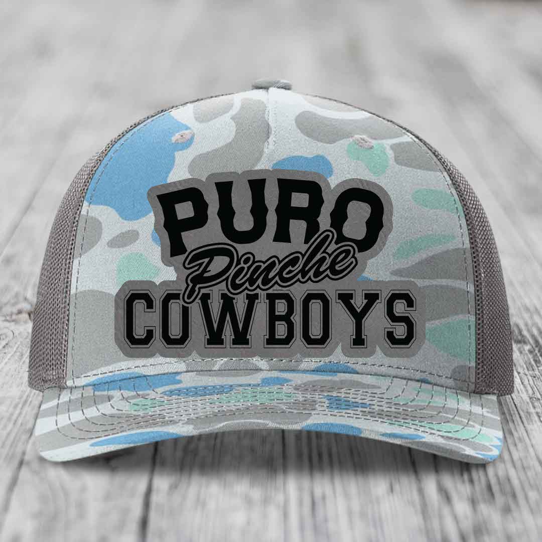 Puro Pinche Cowboys - Leather Patch Hat - Grey to Black Patch - Richardson 112PFP Snapback Trucker Hat