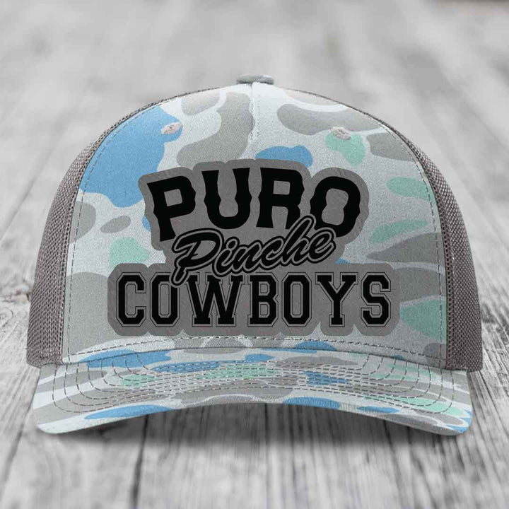 Puro Pinche Cowboys - Leather Patch Hat - Grey to Black Patch - Richardson 112PFP Snapback Trucker Hat