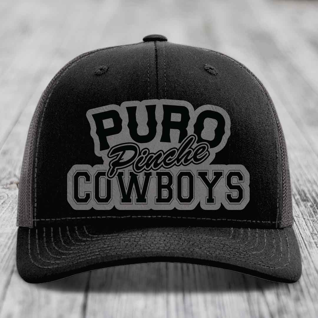 Puro Pinche Cowboys - Leather Patch Hat - Grey to Black Patch - Richardson 112 Snapback Trucker Hat