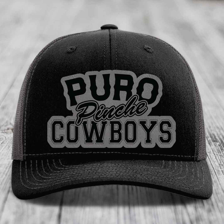Puro Pinche Cowboys - Leather Patch Hat - Grey to Black Patch - Richardson 112 Snapback Trucker Hat