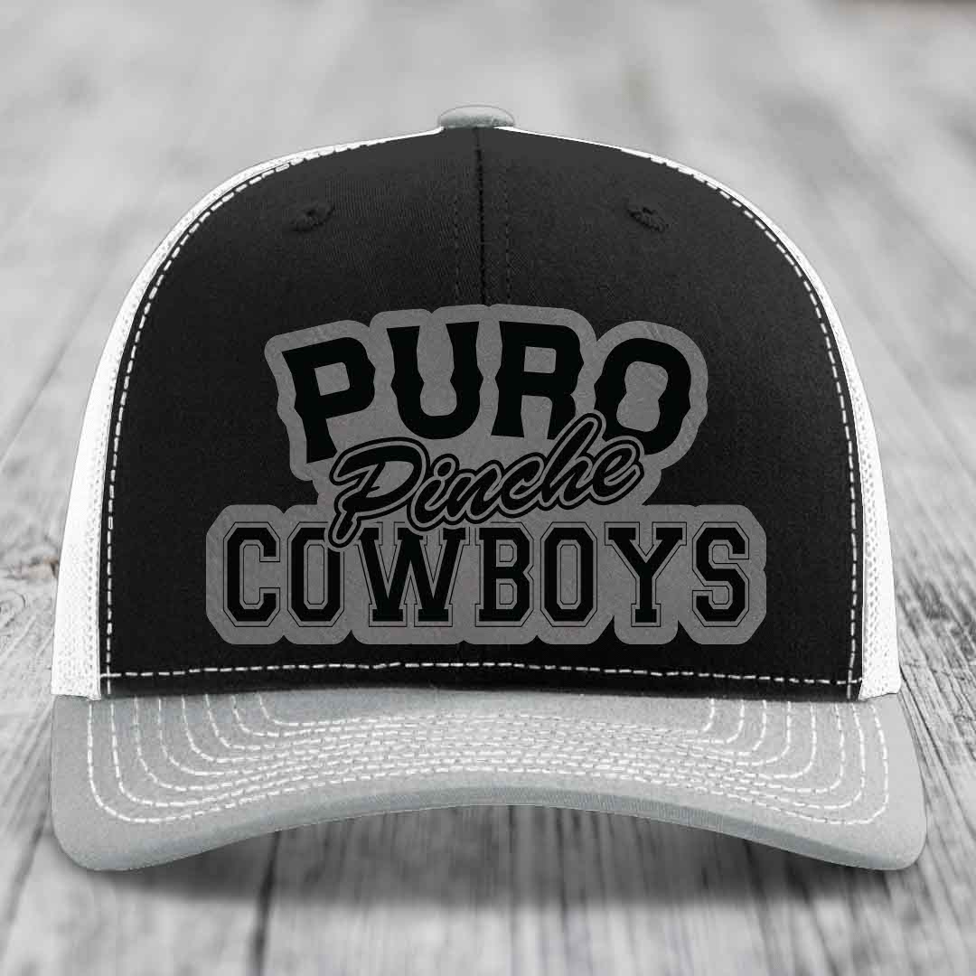 Puro Pinche Cowboys - Leather Patch Hat - Grey to Black Patch - Richardson 112 Snapback Trucker Hat