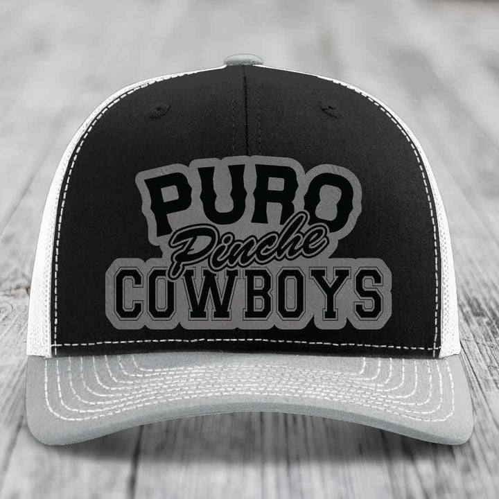 Puro Pinche Cowboys - Leather Patch Hat - Grey to Black Patch - Richardson 112 Snapback Trucker Hat
