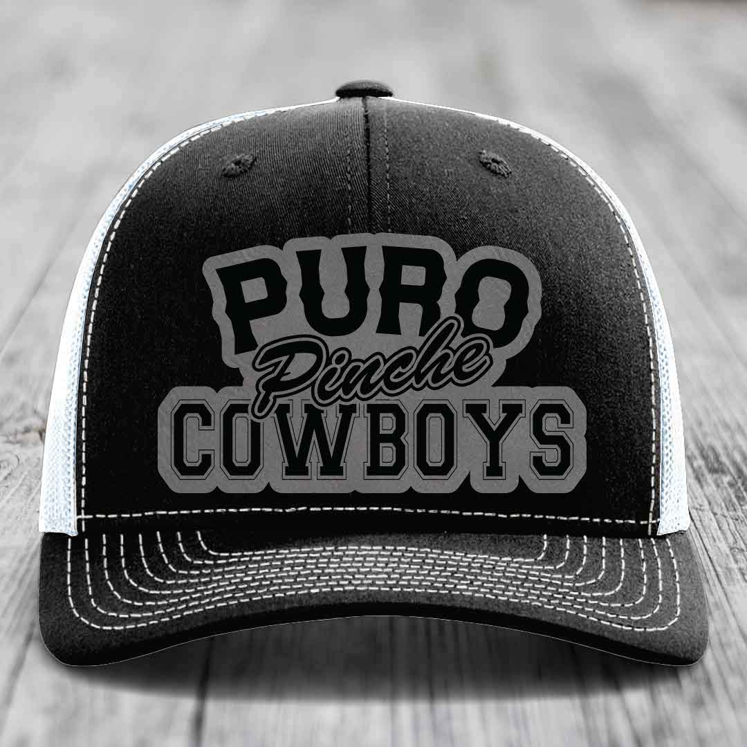 Puro Pinche Cowboys - Leather Patch Hat - Grey to Black Patch - Richardson 112 Snapback Trucker Hat