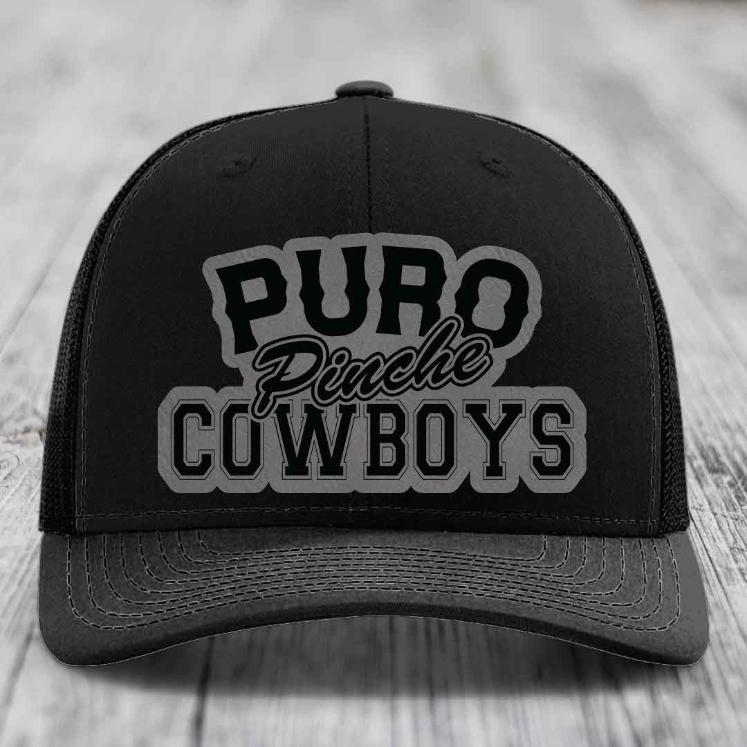 Puro Pinche Cowboys - Leather Patch Hat - Grey to Black Patch - Richardson 112 Snapback Trucker Hat