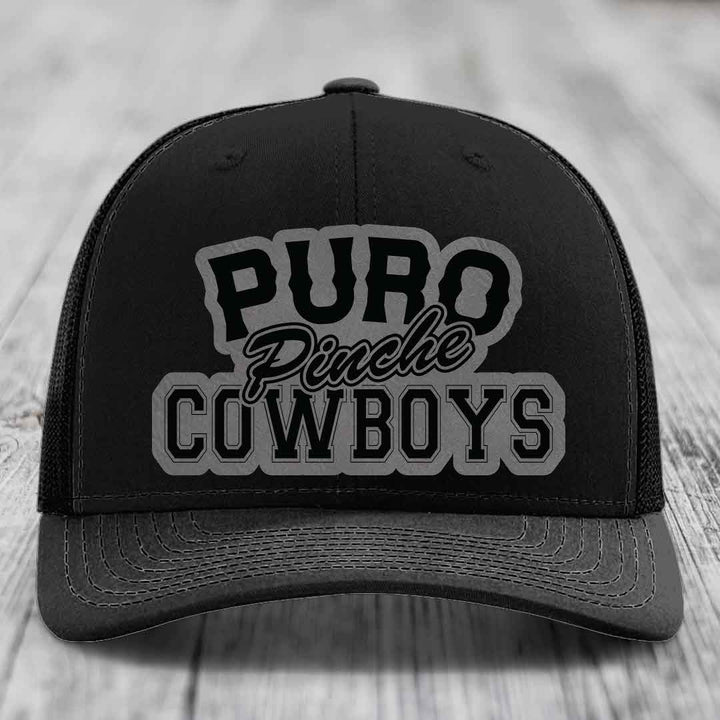 Puro Pinche Cowboys - Leather Patch Hat - Grey to Black Patch - Richardson 112 Snapback Trucker Hat
