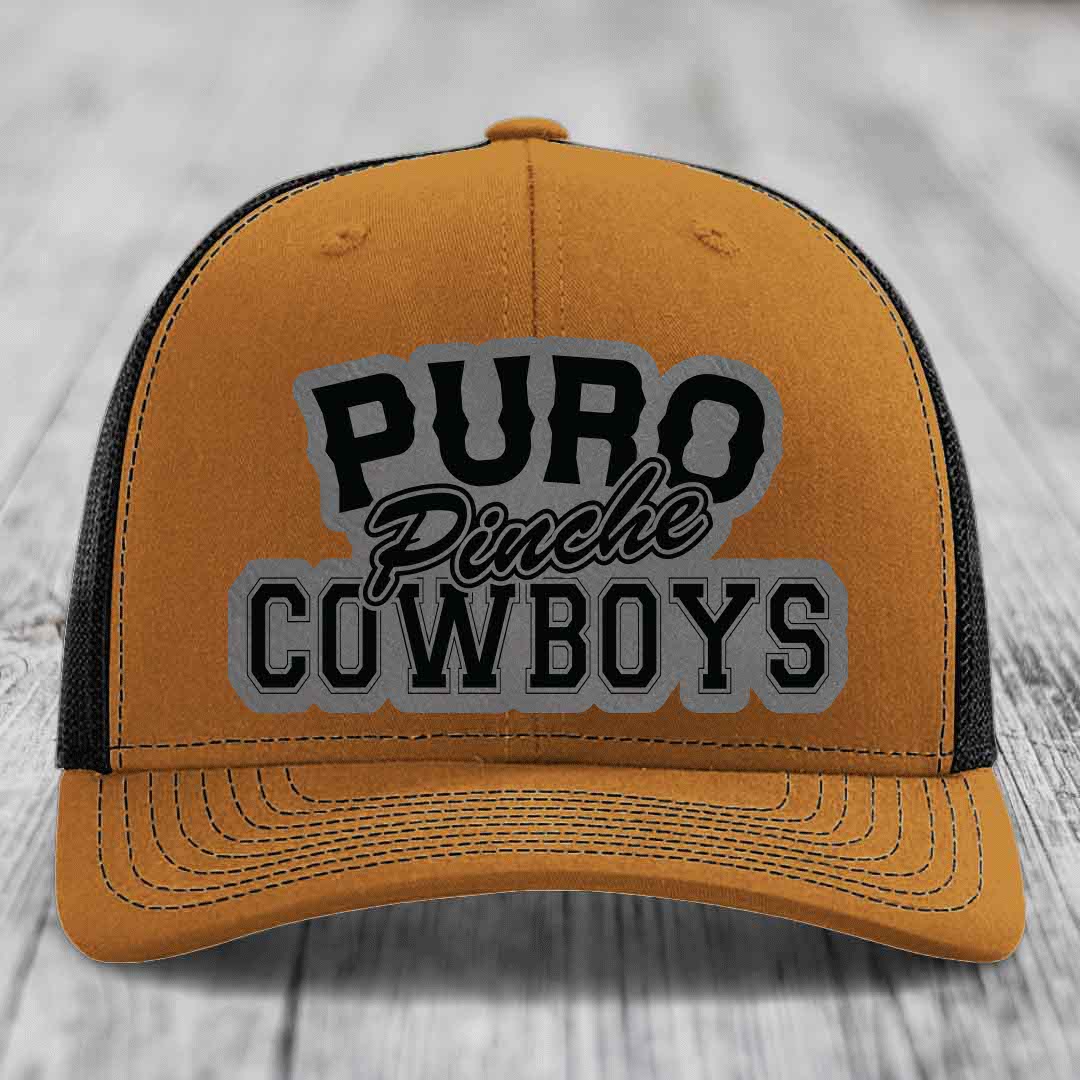 Puro Pinche Cowboys - Leather Patch Hat - Grey to Black Patch - Richardson 112 Snapback Trucker Hat