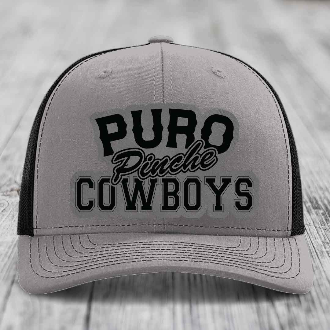 Puro Pinche Cowboys - Leather Patch Hat - Grey to Black Patch - Richardson 112 Snapback Trucker Hat
