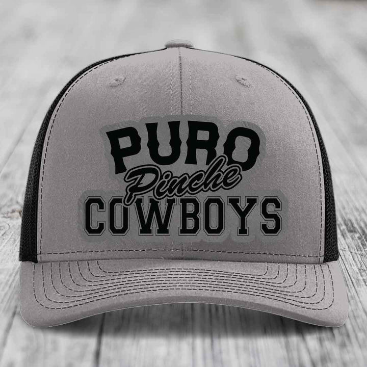 Puro Pinche Cowboys - Leather Patch Hat - Grey to Black Patch - Richardson 112 Snapback Trucker Hat