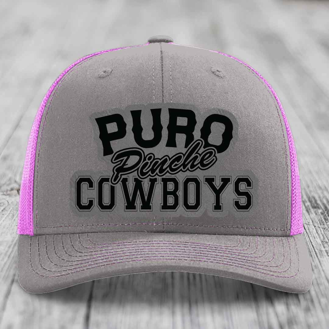 Puro Pinche Cowboys - Leather Patch Hat - Grey to Black Patch - Richardson 112 Snapback Trucker Hat