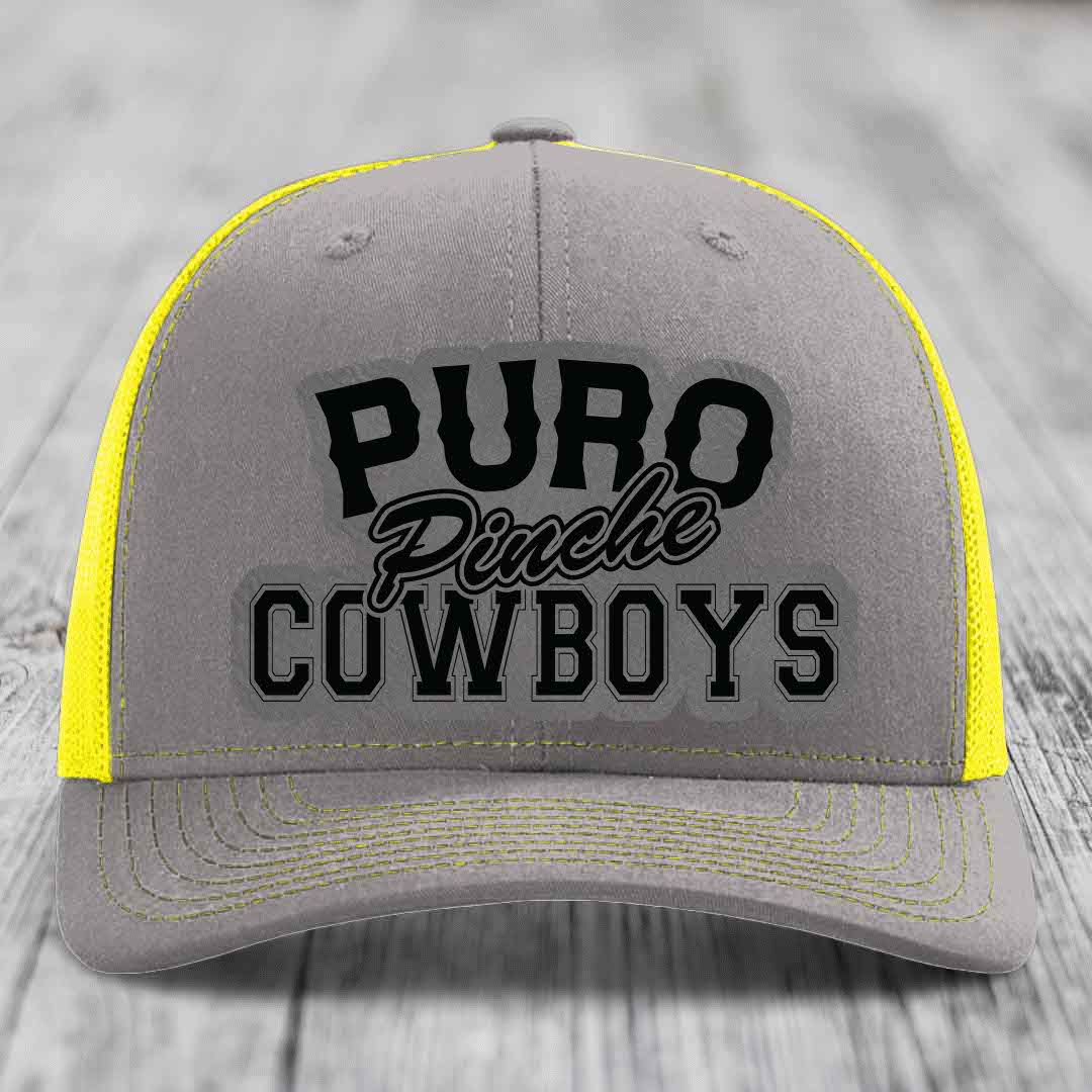 Puro Pinche Cowboys - Leather Patch Hat - Grey to Black Patch - Richardson 112 Snapback Trucker Hat