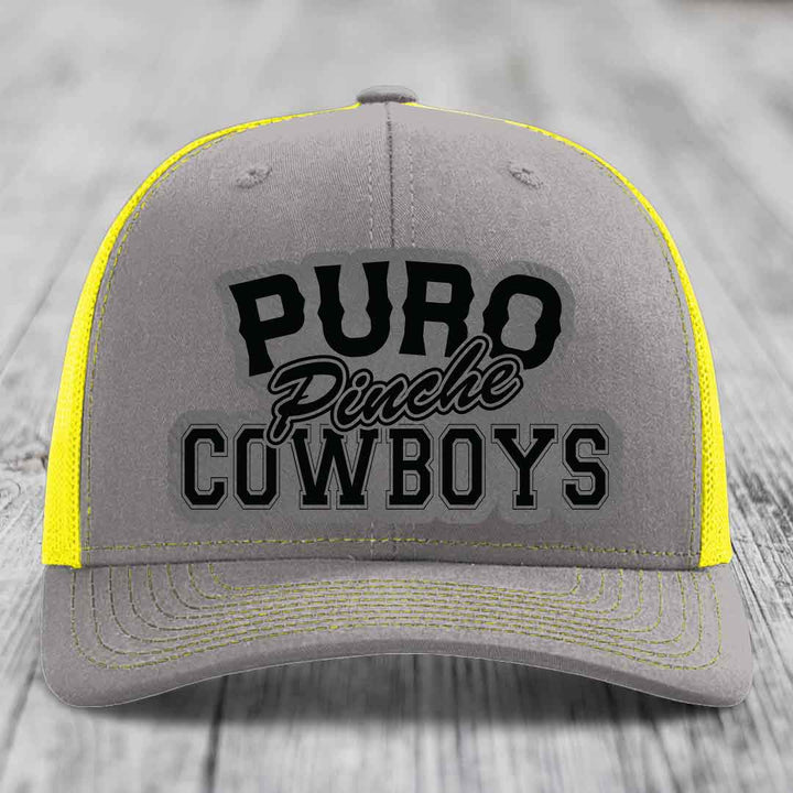 Puro Pinche Cowboys - Leather Patch Hat - Grey to Black Patch - Richardson 112 Snapback Trucker Hat